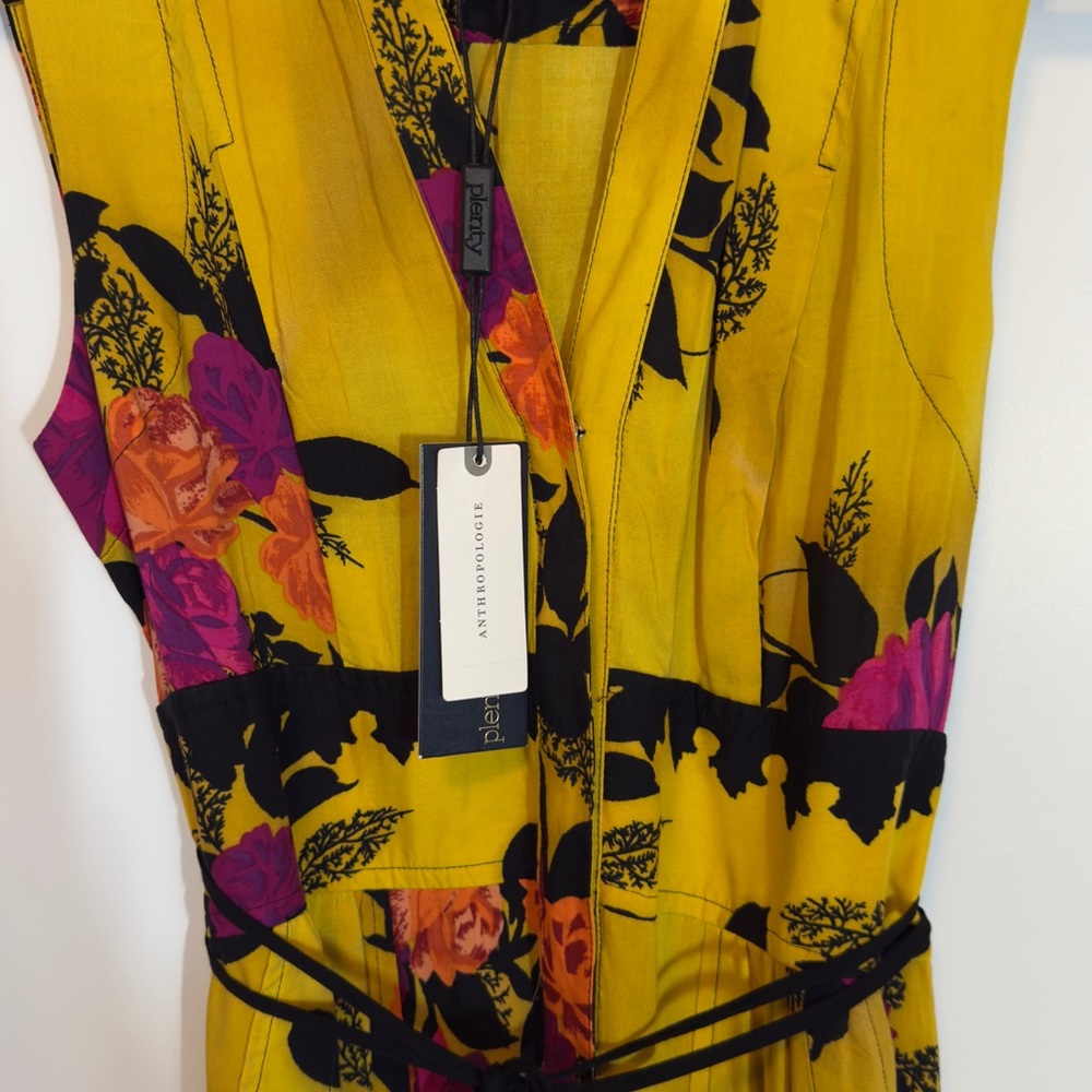 Anthropologie Mustard Yellow Floral Jumpsuit with Pink & Black Accents - Picture 3 of 7